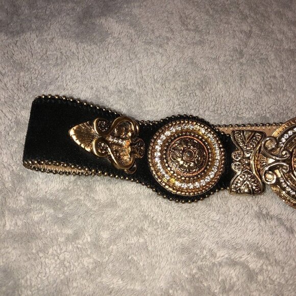 Vintage IBEL Italy Black Suede Adjustable Gold Buckle Details Jewels Waist - Picture 5 of 11